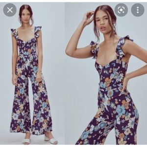 For Love & Lemons Magnolia Jumpsuit Midnight Bloom Navy Blue Size XS